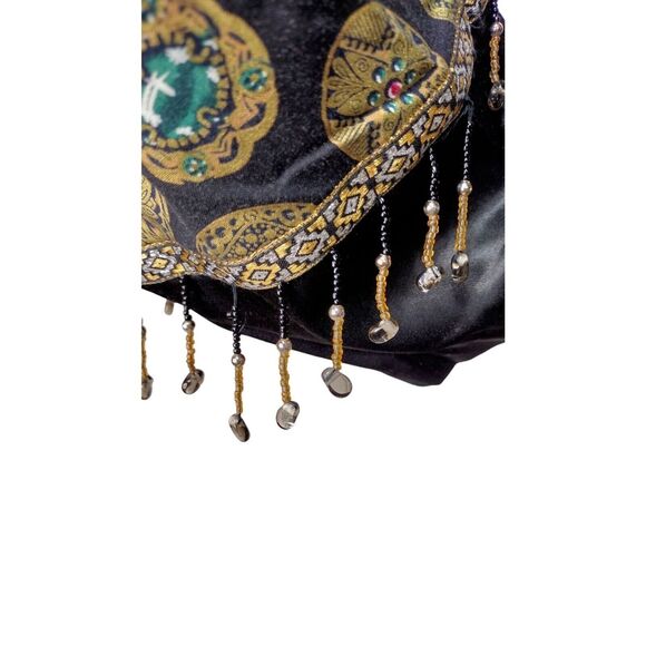 Vintage 80s Open Front Metallic Gold Jewel Coin Print Beaded Long Duster Jacket - Picture 7 of 11